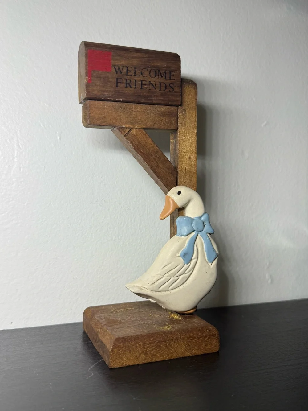 Vintage 1980s Wooden Duck ‘Welcome Friends’ Sign Shelf Sitter